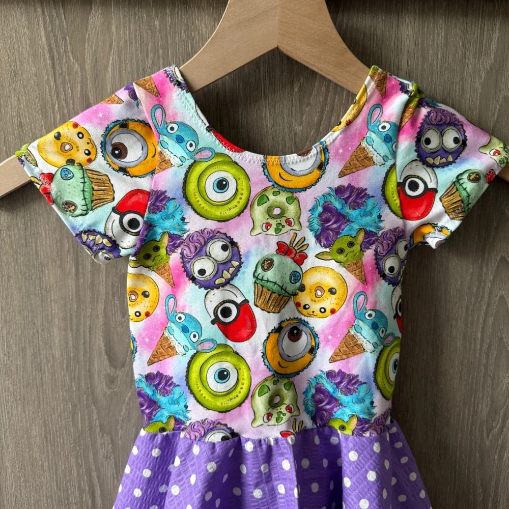 Handmade Custom Disney Monster Print Dress Girl 4/5 Purple Polka Dot Disneybound